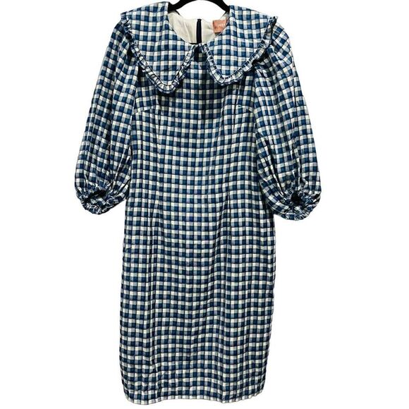 JessaKae Jessy Jane Collar 3/4 Puff Sleeves Blue Check Dress Size Medium - Picture 2 of 7